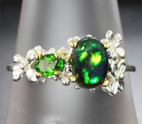 Серебряное кольцо с кристаллическим черным опалом и диопсидом Серебро 925