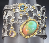 Серебряное кольцо с кристаллическим эфиопким опалом, насыщенно-синим топазом и розовым турмалином Серебро 925