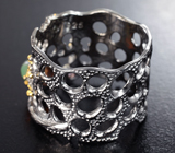 Серебряное кольцо с кристаллическим эфиопким опалом, насыщенно-синим топазом и розовым турмалином