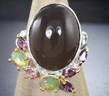 Серебряное кольцо с дымчатым кварцем, кристаллическими эфиопскими опалами, родолитами и розовым турмалином
