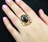Серебряное кольцо с дымчатым кварцем, кристаллическими эфиопскими опалами, родолитами и розовым турмалином