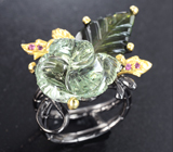 Серебряное кольцо с резными зеленым аметистом, турмалином и розовыми сапфирами Серебро 925