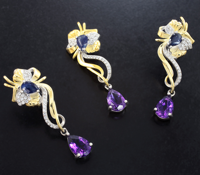 Изысканный серебряный комплект с аметистами и синими сапфирами