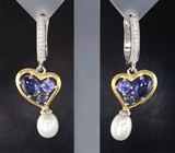 Романтичные серебряные серьги с жемчугом, синими сапфирами и танзанитами Серебро 925