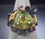 Серебряное кольцо с лимонным цитрином 8+ карат, розовыми турмалинами, голубыми топазами и синим сапфиром Серебро 925