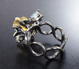 Серебряное кольцо с резным цитрином 14+ карат и голубыми топазами Серебро 925