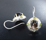 Серебряные серьги с дымчатым кварцем и перидотами Серебро 925