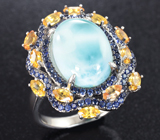 Серебряное кольцо с ларимаром, желтыми и синими сапфирами бриллиантовой огранки Серебро 925