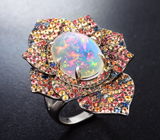 Серебряное кольцо с кристаллическим эфиопским опалом 6,28 карата и разноцветными сапфирами бриллиантовой огранки Серебро 925