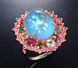 Серебряное кольцо с кристаллическим эфиопским опалом 13,66 карата, разноцветными турмалинами и розовыми сапфирами бриллиантовой огранки Серебро 925