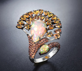 Серебряное кольцо с кристаллическими эфиопскими опалами 5,83 карата, желтыми и оранжевыми сапфирами бриллиантовой огранки Серебро 925