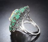 Серебряное кольцо с кристаллическим эфиопским опалом 3,7 карата, изумрудами и разноцветными сапфирами бриллиантовой огранки Серебро 925