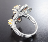 Серебряное кольцо с резными альмандинами гранатами, жемчугом и аметистами