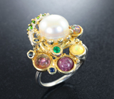 Серебряное кольцо с жемчужиной, эфиопскими опалами, кабошонами розовых турмалинов и сапфирами