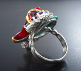 Серебряное кольцо с ограненной бирюзой, натуральным solid кораллом, аметистами и танзанитами Серебро 925