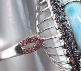 Серебряное кольцо с ларимаром 12,56 карата, красными и синими сапфирами бриллиантовой огранки