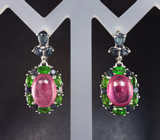 Серебряные серьги с рубинами, диопсидами и синими сапфирами Серебро 925