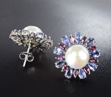 Эффектные серебряные серьги с жемчугом, танзанитами и родолитами  Серебро 925