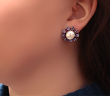 Эффектные серебряные серьги с жемчугом, танзанитами и родолитами  Серебро 925