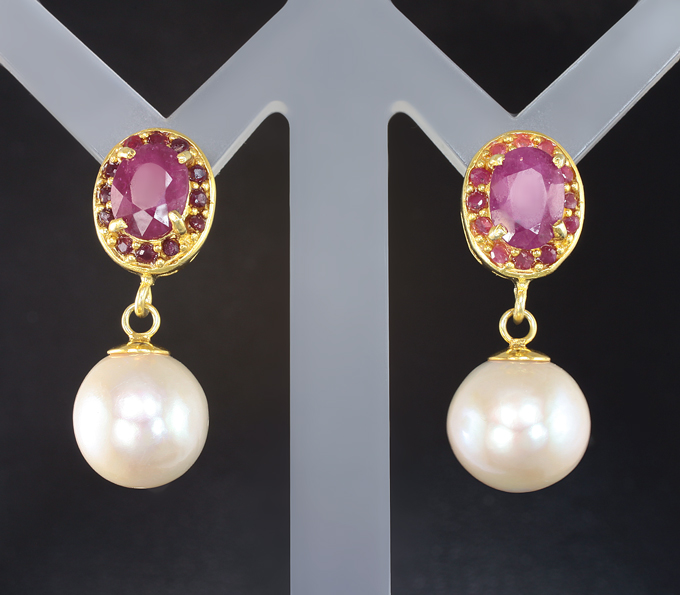 Серебряные серьги с жемчугом и рубинами
