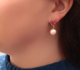 Серебряные серьги с жемчугом и рубинами Серебро 925