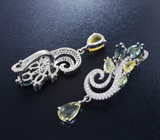 Изысканные серебряные серьги с разноцветными сапфирами Серебро 925