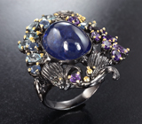 Серебряное кольцо с танзанитом 17,76 карата, голубыми топазами, аметистами и синими сапфирами Серебро 925