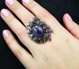 Серебряное кольцо с танзанитом 17,76 карата, голубыми топазами, аметистами и синими сапфирами Серебро 925