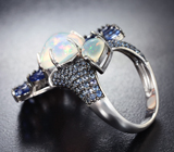 Серебряное кольцо с кристаллическими эфиопскими опалами 5,97 карата, кианитами и синими сапфирами Серебро 925