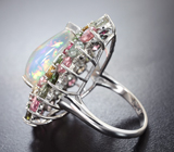 Серебряное кольцо с кристаллическим эфиопским опалом 7,09 карата и разноцветными турмалинами Серебро 925