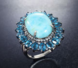 Серебряное кольцо с ларимаром 8,28 карата, насыщенно-синими топазами и бесцветными сапфирами бриллиантовой огранки Серебро 925