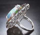Серебряное кольцо с кристаллическим эфиопским опалом 11,04 карата, разноцветными турмалинами и васильковыми сапфирами Серебро 925