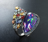 Серебряное кольцо с кристаллическим черным опалом 7,56 карата и разноцветными сапфирами Серебро 925