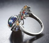 Серебряное кольцо с кристаллическим черным опалом 7,56 карата и разноцветными сапфирами Серебро 925