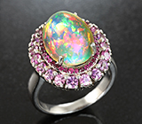 Серебряное кольцо с кристаллическим эфиопским опалом 5,77 карата, розовыми сапфирами и рубинами бриллиантовой огранки Серебро 925