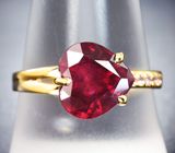 Золотое кольцо с крупным ярким рубином 4,08 карата и розовыми сапфирами Золото