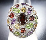Серебряное кольцо с альмандинами гранатами, перидотами, аметистами и цитринами Серебро 925