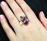 Серебряное кольцо с аметистом 10+ карат, родолитами и синими сапфирами