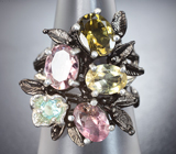 Серебряное кольцо с разноцветными турмалинами и апатитом