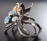 Серебряное кольцо с цитрином, голубым топазом, аметистами и родолитами