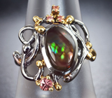 Серебряное кольцо с мексиканским огненным агатом и розовыми сапфирами