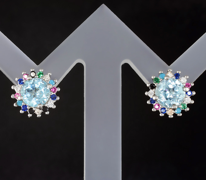 Серебряные пусеты с голубыми топазами и бирюзой