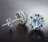 Серебряные пусеты с голубыми топазами и бирюзой Серебро 925