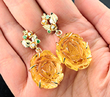 Крупные золотые серьги с резными медовыми цитринами 75,74 карата, цаворитами и бриллиантами Золото