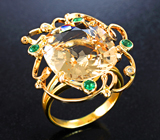 Золотое кольцо с редким гелиодором авторской огранки 13,24 карата, уральскими изумрудами и бриллиантами