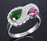 Чудесное серебряное кольцо с диопсидом и рубином