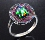 Великолепное серебряное кольцо с черным опалом, пурпурными и синими сапфирами бриллиантовой огранки Серебро 925