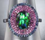 Великолепное серебряное кольцо с черным опалом, пурпурными и синими сапфирами бриллиантовой огранки Серебро 925