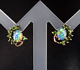Серебряные пусеты с кристаллическими эфиопскими опалами и диопсидами Серебро 925