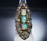 Серебряное кольцо с кристаллическими эфиопскими опалами, сапфирами и цитрином Серебро 925